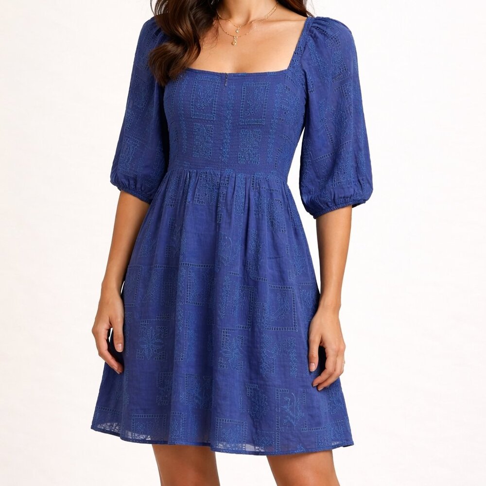 Johnny Was Blue Embroidered Mini Dress Boho Peasant Puff Sleeve Lined Back Zip